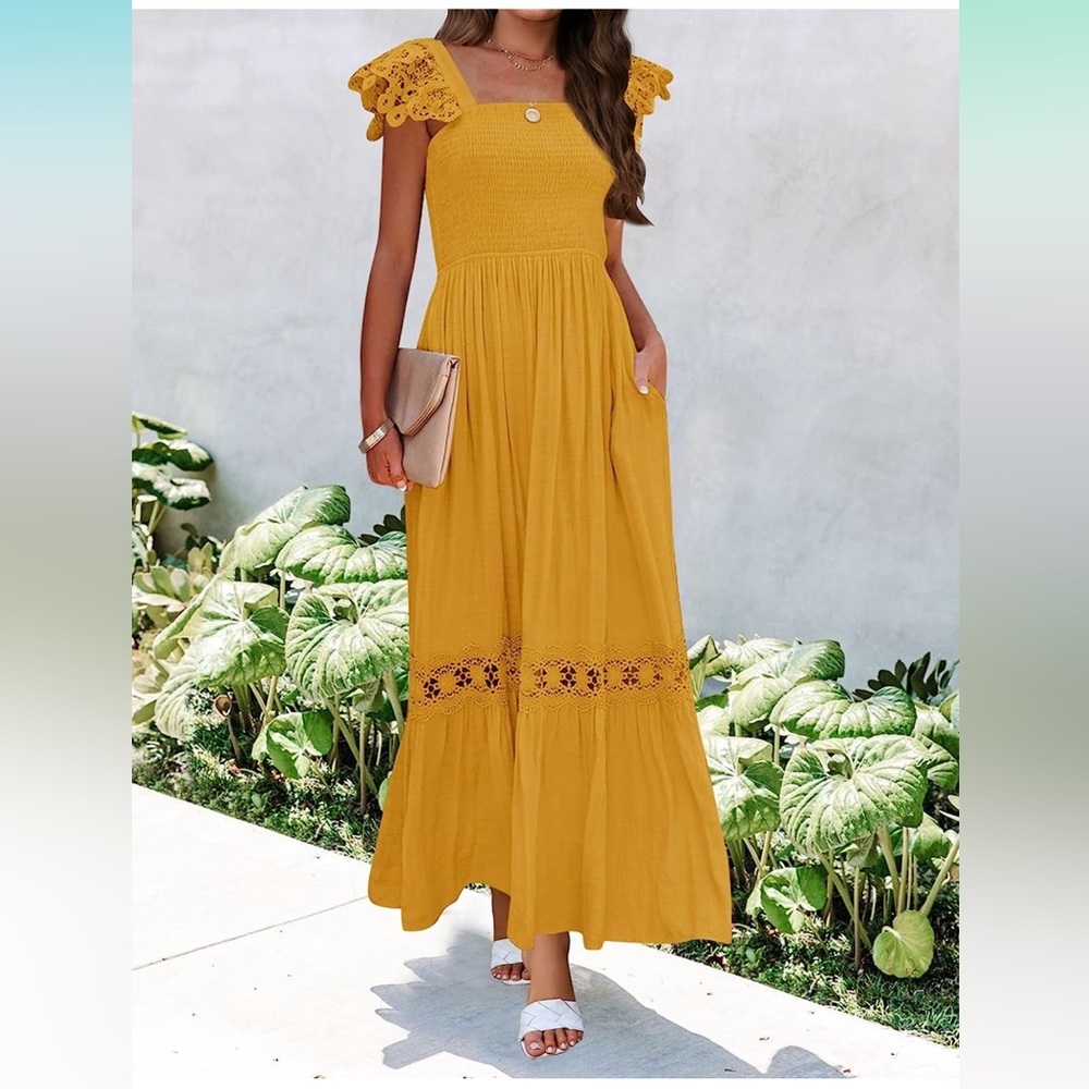 Mustard Yellow Lace Smocked Ruffle Flowy A line Maxi Dress